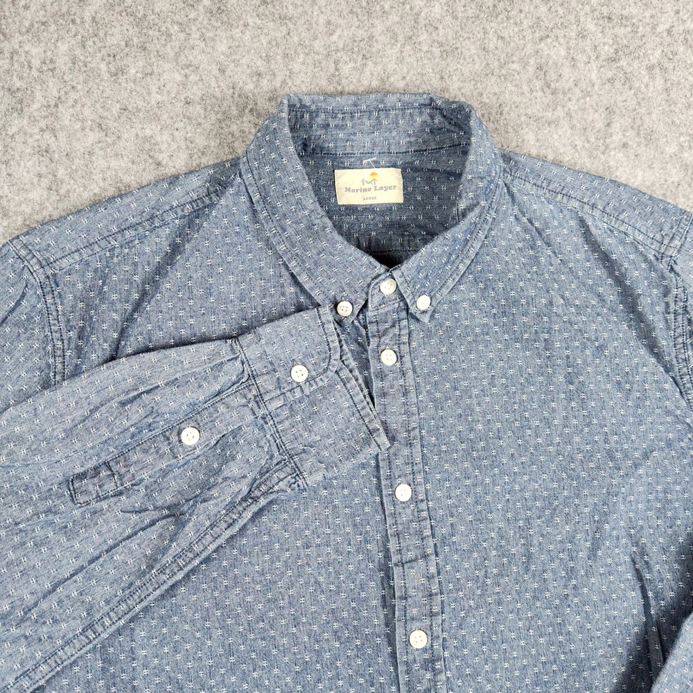 Marine Layer Shirt Men L Blue Long Sleeve Button Chambray Geometric Huckberry